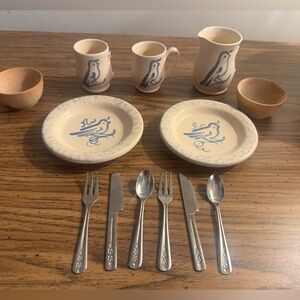 Vintage 1987 Kirsten's Pottery Handmade Set bowls cutlery American girl doll